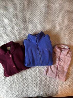 L.L. Bean  Full zip Jacket Blue, Burgundy Button up Fleece & Pink Qtr Zip 3-Pack